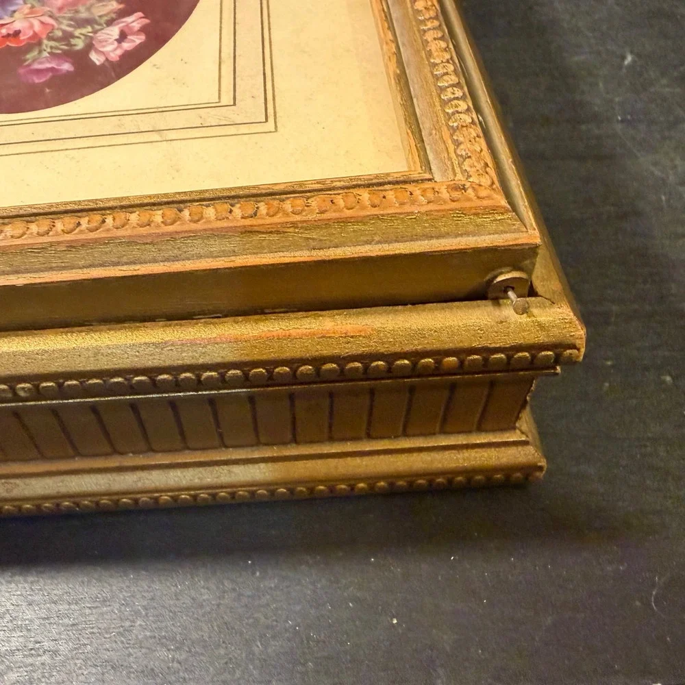 Vintage Ornate Gold Gilt Wood Jewelry Box Floral Art Glass Lid 10.5 Inch